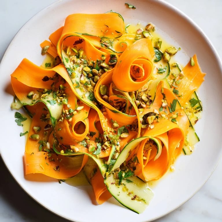 A beautiful close-up of the delicious Citrus Carrot Ribbon Salad, ready to be enjoyed as a light course.