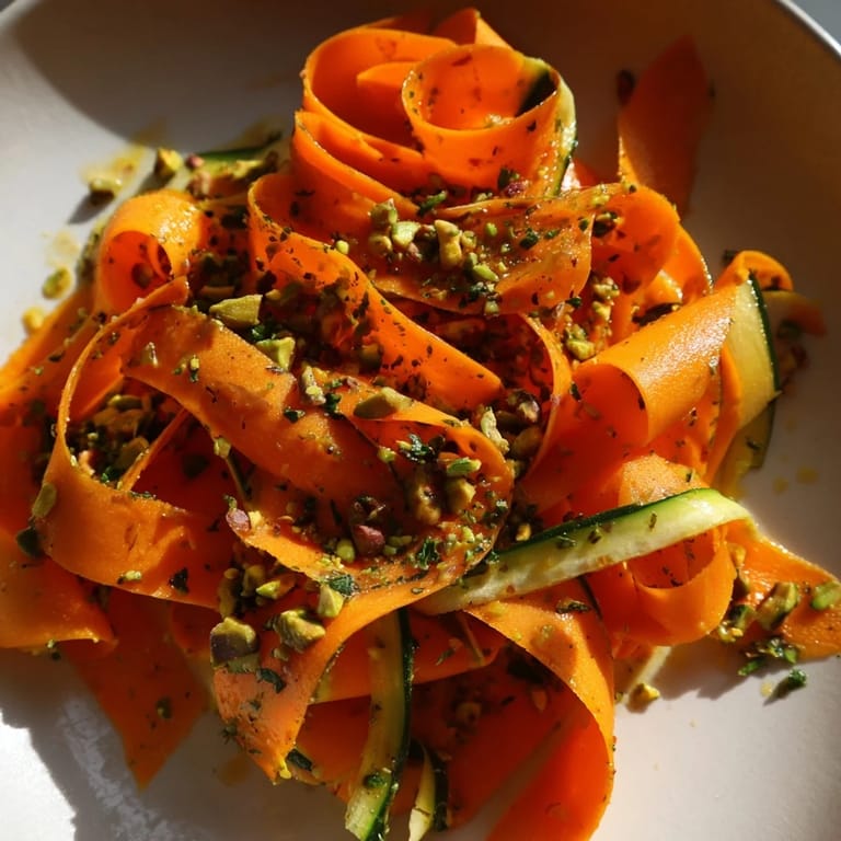 Freshly tossed Citrus Carrot Ribbon Salad with mint and parsley, a refreshing and zesty vegetarian starter.