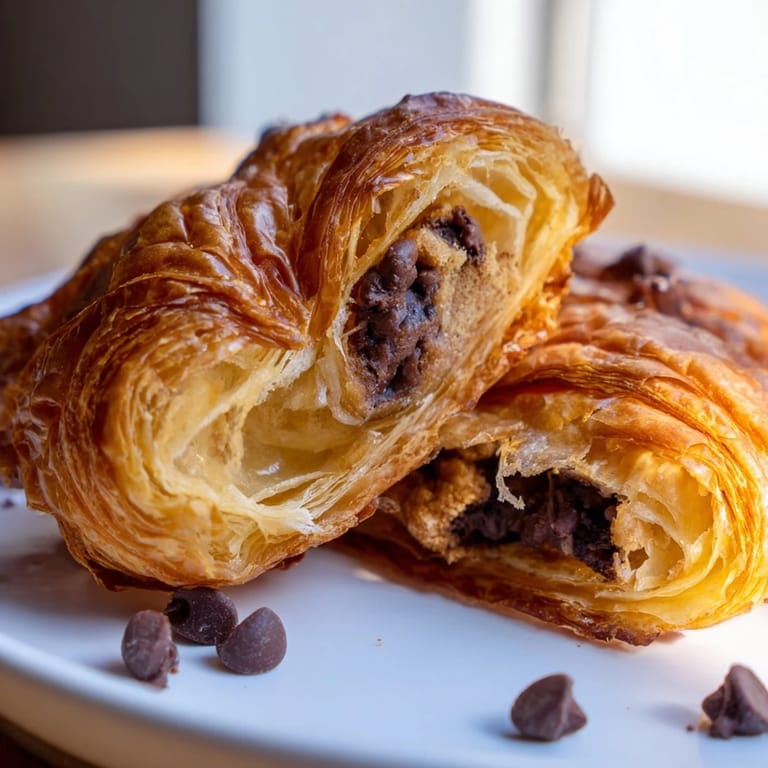 Flaky, buttery Chocolate Cookie Croissants with a gooey chocolate chip cookie dough center, ready to eat.