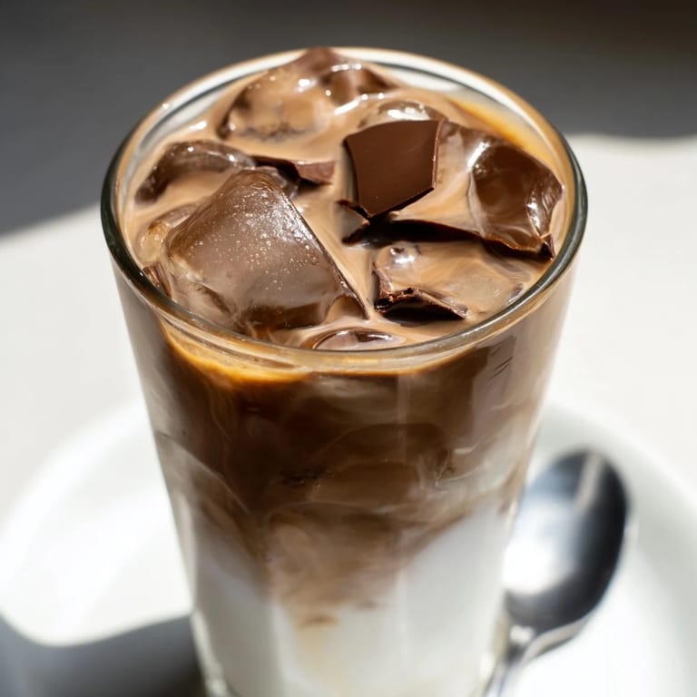 Creamy iced milk and fresh espresso combine in a tempting chocolate cracking iced latte creation.