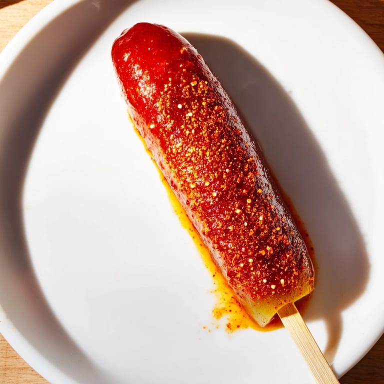 Close-up of vibrant Chamoy-Tajín pickle sticks, a delicious combination of spicy and sweet flavors.
