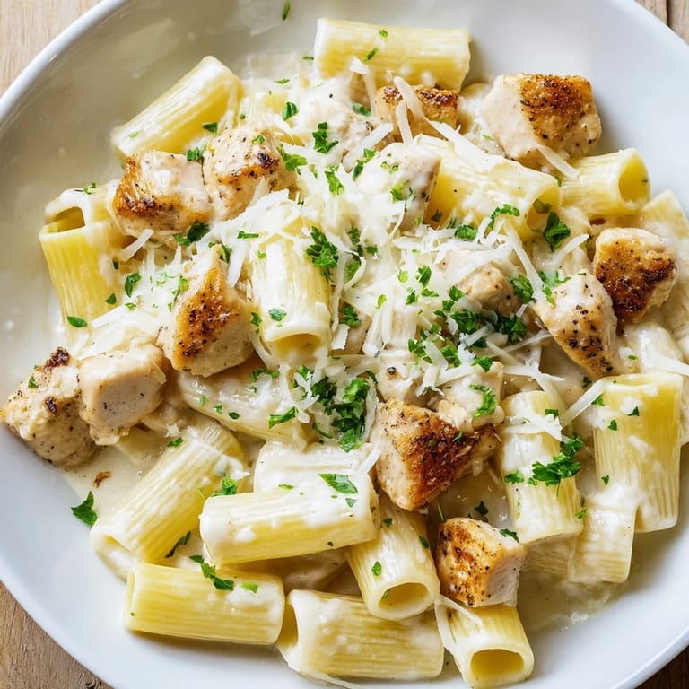 Golden-brown cheese blankets a hearty Chicken Alfredo Bake, hinting at a family-friendly Italian-American dinner.