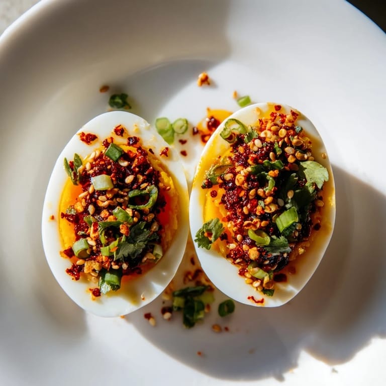 Delectable Chili Oil Eggs with sesame seeds, green onions, and a spicy chili oil sheen.