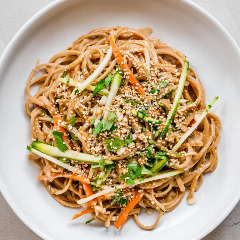 A bowl of refreshing cold sesame noodles, with crunchy carrots and cucumber, ready to serve.