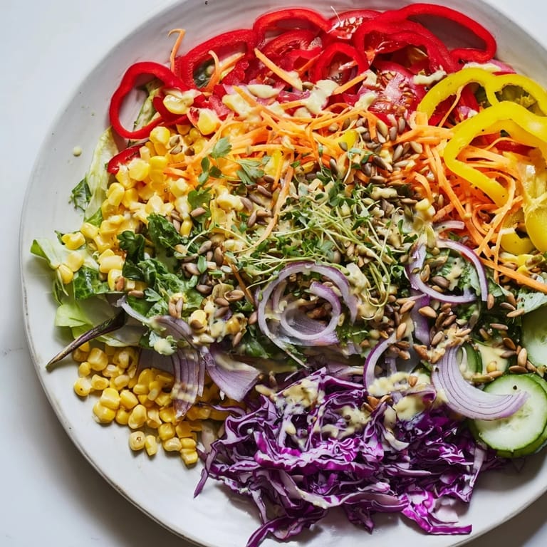 A close-up of a refreshing rainbow salad, ready to eat, drizzled with tahini dressing.