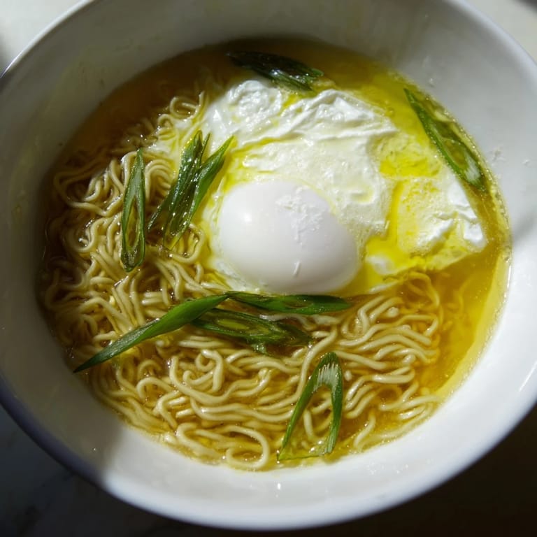 Steaming bowl of instant ramen recipe, enriched with butter and a perfect soft-boiled egg.