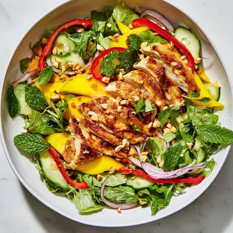 Tender grilled chicken pieces in bright Thai Mango Chicken Salad, dressed in tangy lime dressing.