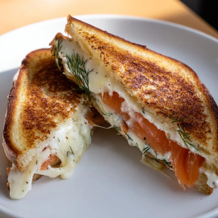 Crispy sourdough encases a creamy, savory Smoked Salmon Grilled Cheese with fresh dill.