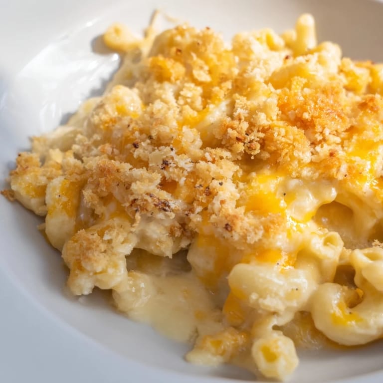 A close-up of creamy stovetop mac and cheese, rich with cheddar and parmesan, ready to enjoy.
