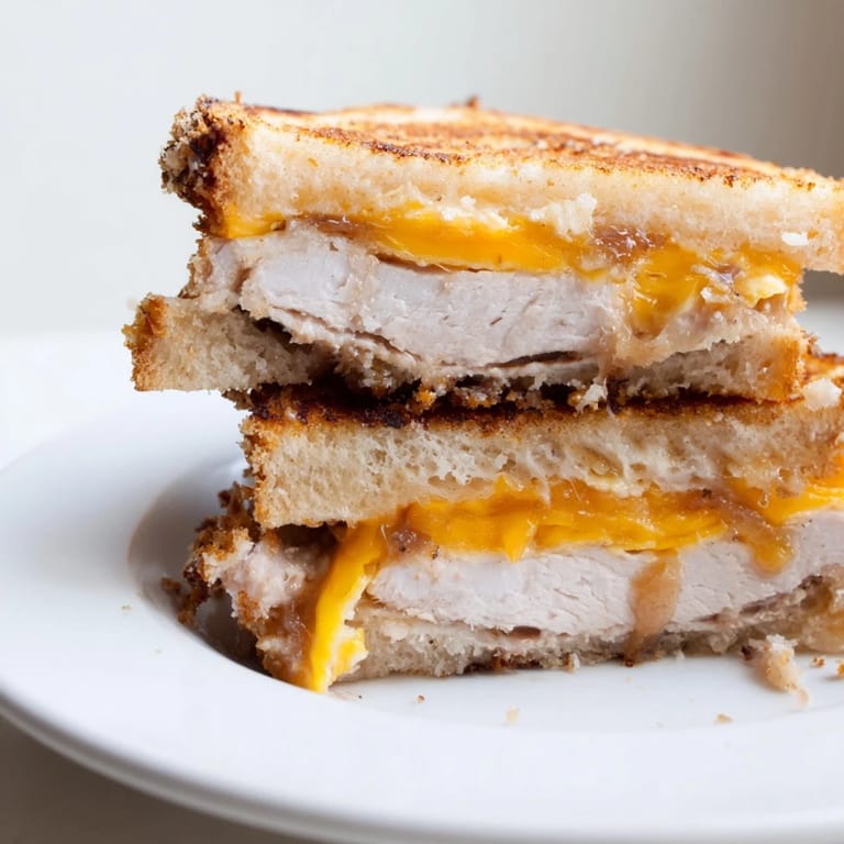 Melted cheddar cheese oozing from a Crispy Panko Pork Chop Grilled Cheese on a crisp surface.