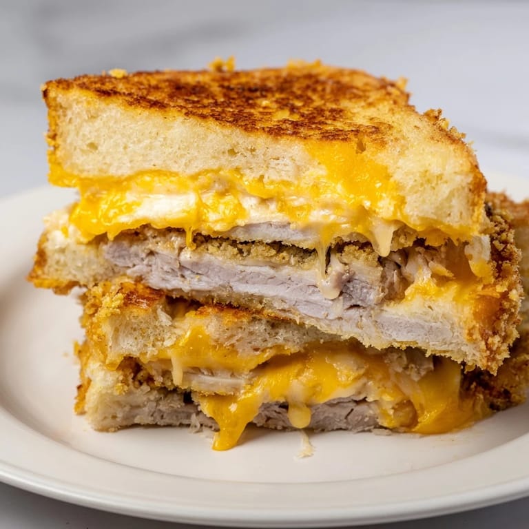 A close-up of a perfectly grilled Crispy Panko Pork Chop Grilled Cheese sandwich, warm and savory.
