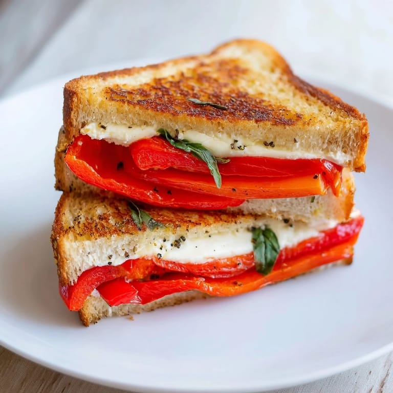 A close-up of a perfectly grilled Roasted Red Pepper Grilled Cheese, with oozing, melty cheese and vibrant red peppers.