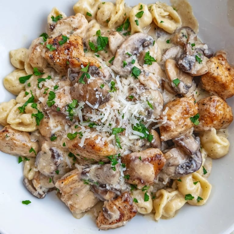 A close-up of creamy mushroom chicken pasta, highlighting the tender chicken and savory mushroom blend.