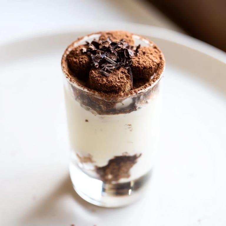 Elegant Deconstructed Tiramisu Shots showing espresso-soaked biscuits and mascarpone cream, perfect for a party.