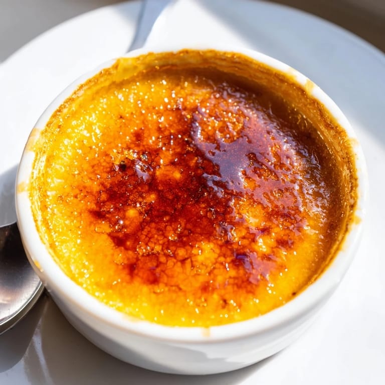 A perfect serving of decadent 3-Ingredient Crème Brûlée, with a smooth custard base, ready to enjoy.