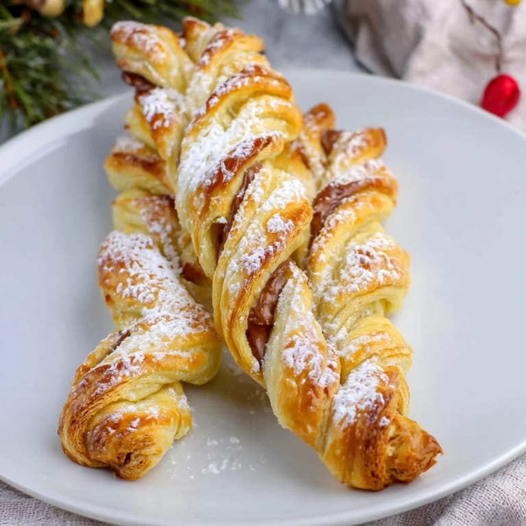 Homemade Nutella Pastry Christmas Trees, showcasing flaky layers with a rich chocolate filling.