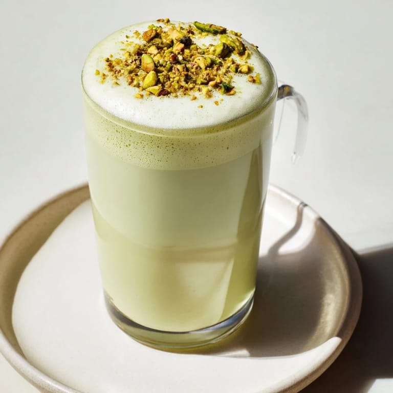 A beautiful swirl of whipped cold foam tops this homemade pistachio latte, ready to enjoy.