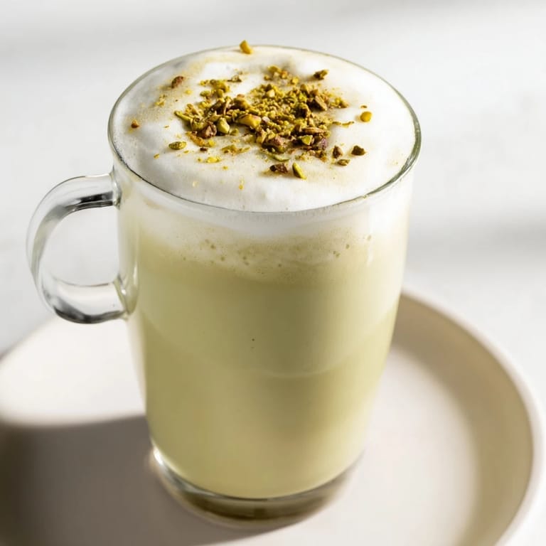 Indulge in a smooth and creamy pistachio latte, a delicious café treat topped with nuts.