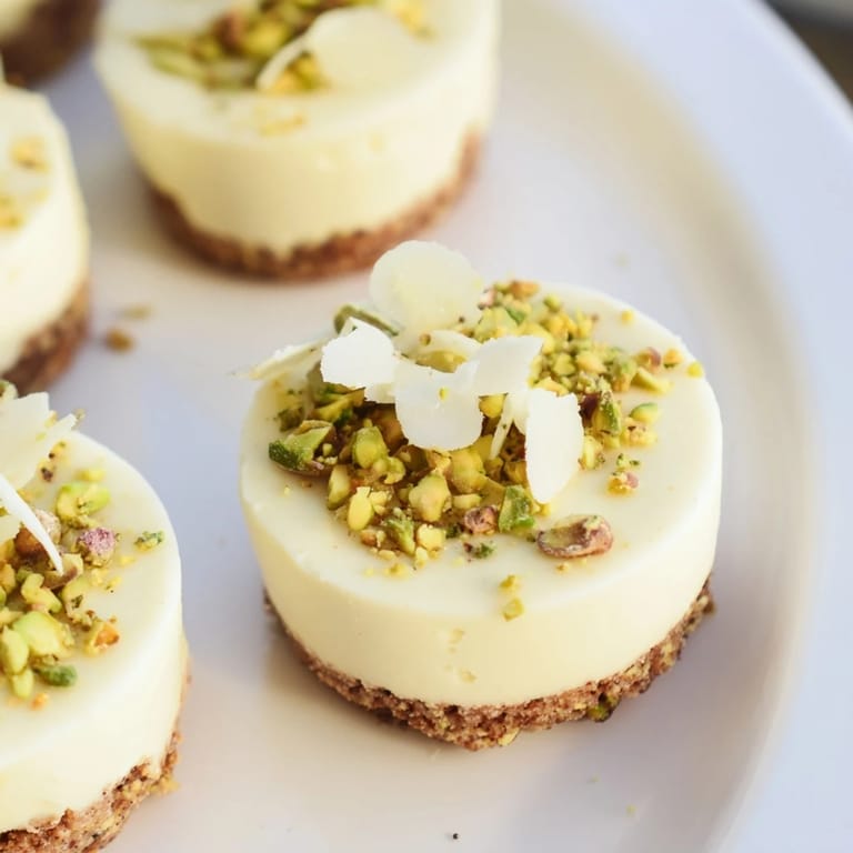 Close-up of decadent Pistachio Cheesecake Bites, garnished with chopped pistachios for a perfect bite-sized dessert.