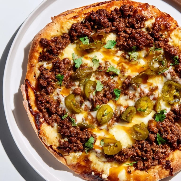 Fresh-baked spicy ground beef pizza slices topped with hot honey and jalapeños, ready to serve and devour.