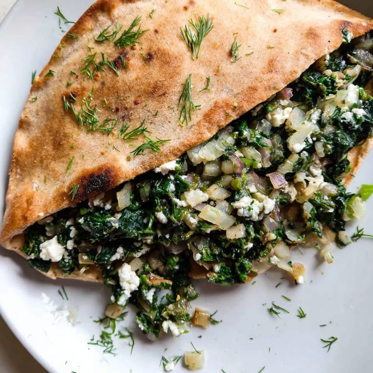 Freshly baked Turkish Spinach & Feta Flatbread, folded and sealed, oozing with a flavorful spinach and cheese mixture.