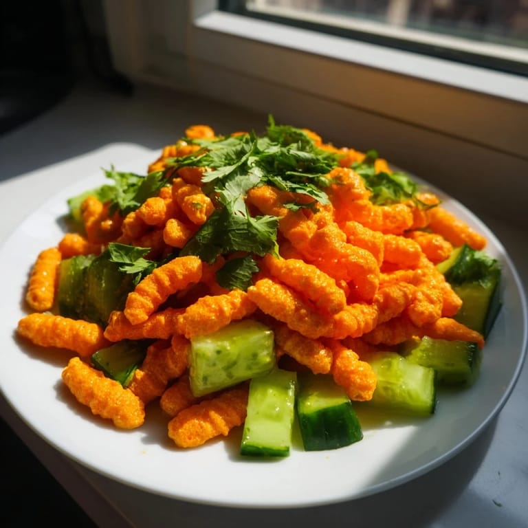 Heavily seasoned Flamin Hot Cheeto salad in a white bowl with crunchy textures and bold spicy flavors for snacking.