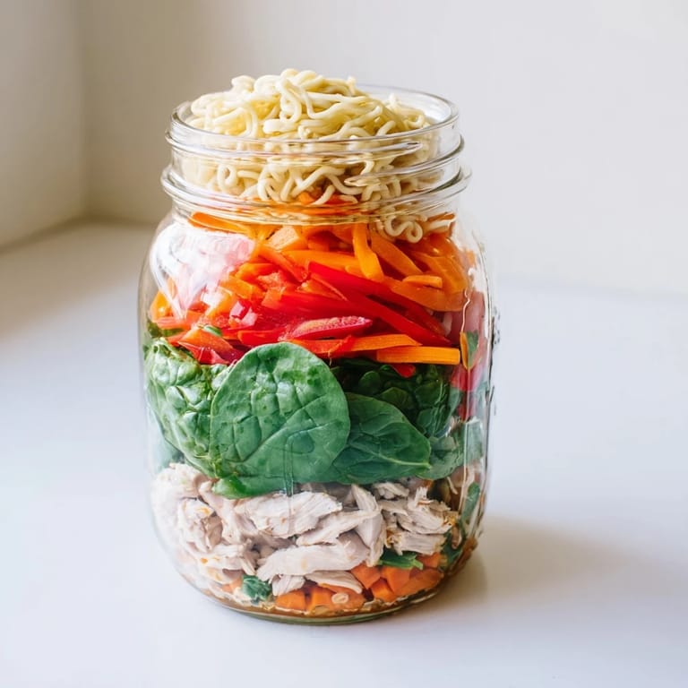 This overhead view shows a prepared Mason Jar Noodle Meal Prep ready for a quick, fresh lunch.