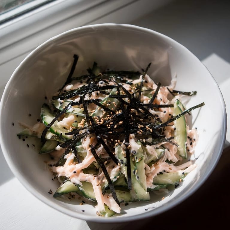 A refreshing bowl of California Roll Cucumber Salad featuring tender imitation crab, sliced cucumbers, pickled ginger, and sesame garnish.
