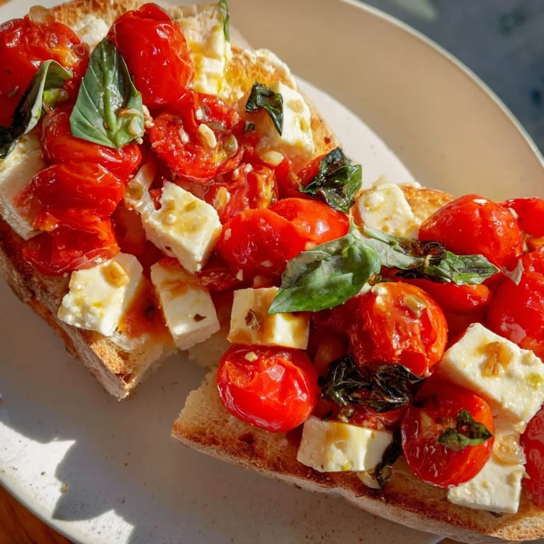 Crunchy Baked Feta Toast with juicy roasted tomatoes and olive oil, served as a warm snack or light meal.