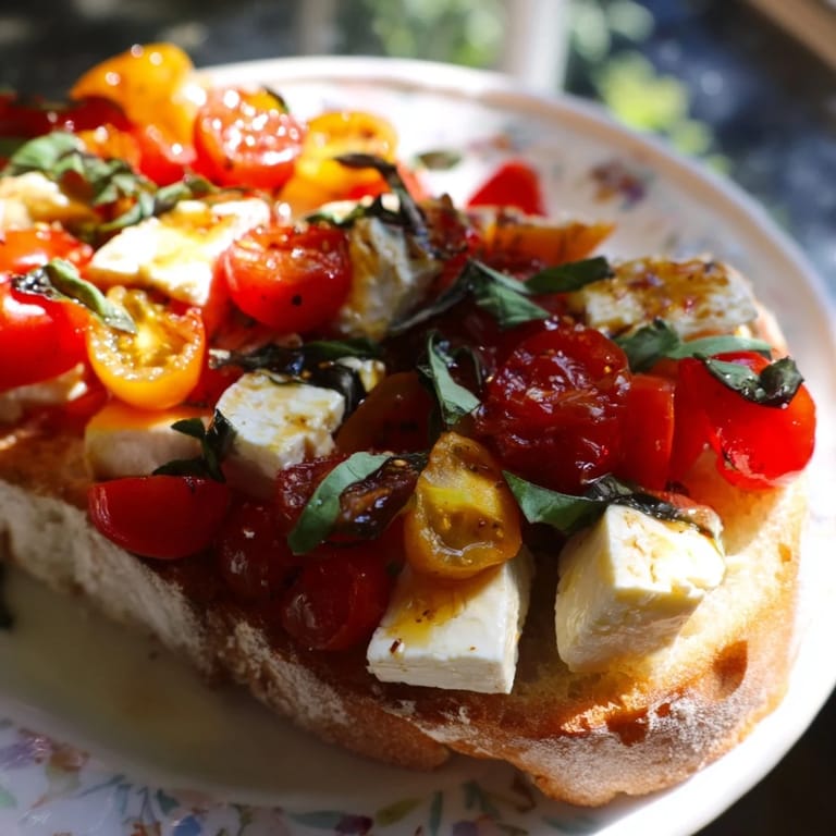 Creamy baked feta toast topped with blistered tomatoes and basil, enjoyed as a quick Mediterranean appetizer.