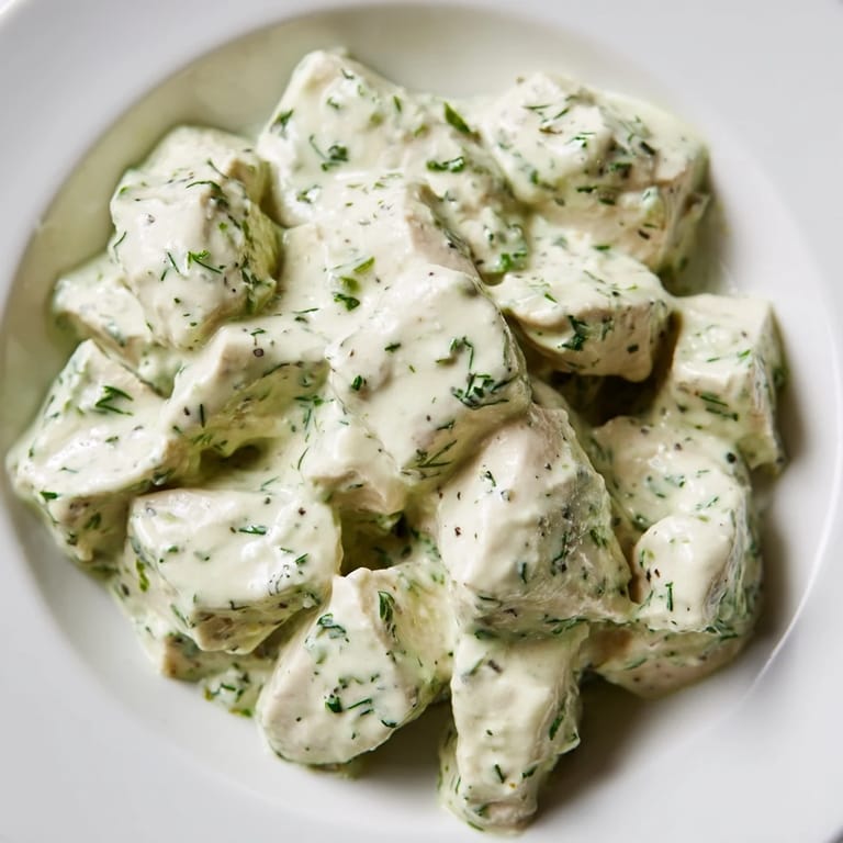 A close-up view of creamy Green Goddess Chicken Salad, featuring juicy chicken, sliced avocado, and fresh herbs drizzled with the bright dressing.