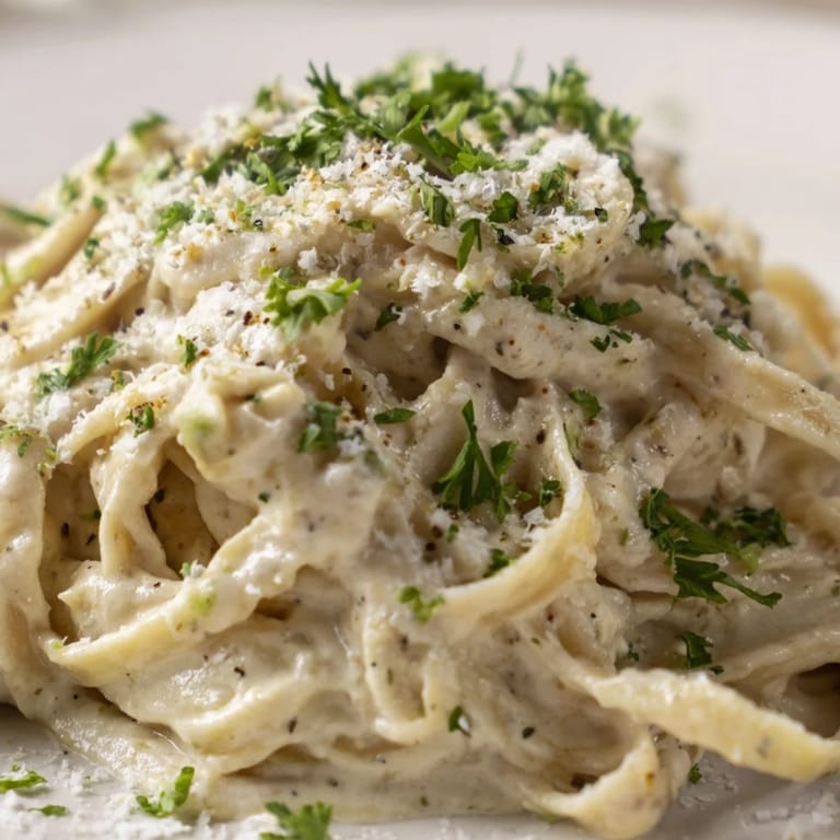 A close-up of vegetarian Roasted Cauliflower Alfredo, garnished with fresh parsley and grated Parmesan cheese.  