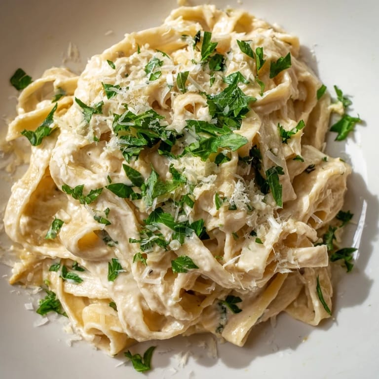 Hearty serving of homemade Roasted Cauliflower Alfredo, featuring roasted cauliflower and garlic blended into a rich sauce.