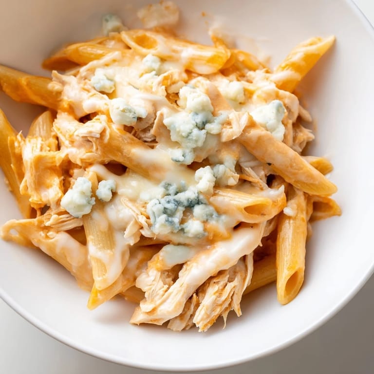 Steaming Buffalo Chicken Pasta in a skillet, featuring melted mozzarella and cream cheese sauce with a garnish of fresh chives.