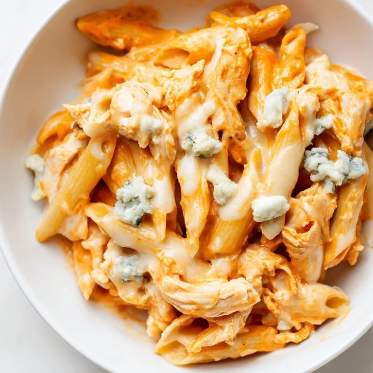 A hearty bowl of Buffalo Chicken Pasta with rotini, blue cheese, and a side of crisp celery salad for serving.