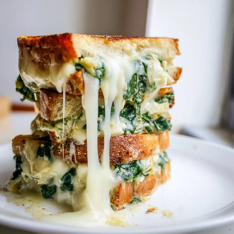 Two golden spinach artichoke grilled cheese sandwiches served hot, oozing cheese, perfect alongside a bowl of tomato soup.