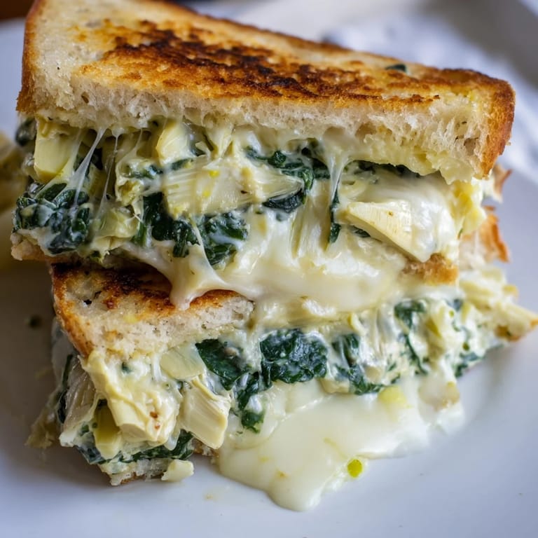 Close-up of a spinach artichoke grilled cheese, crispy sourdough crust and vibrant green filling on a rustic plate.