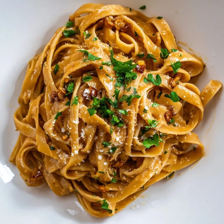 Plated Sriracha Honey Pasta garnished with chopped parsley and extra cheese, beside a glass of crisp white wine for serving.