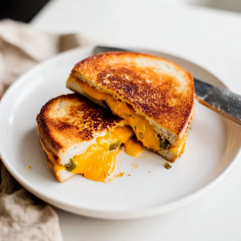 Close-up of a Cheddar Jalapeño Grilled Cheese, showcasing perfectly melted cheddar and pickled jalapeños between crispy, buttery sourdough slices.