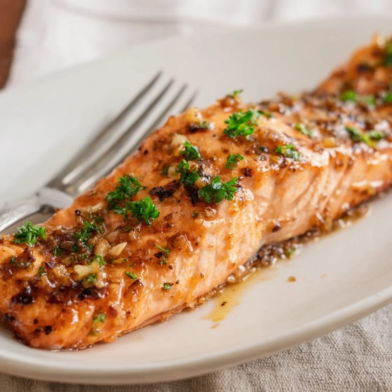 A close-up of tender, flaky Honey Garlic Glazed Salmon with a glossy, sweet and savory butter glaze.