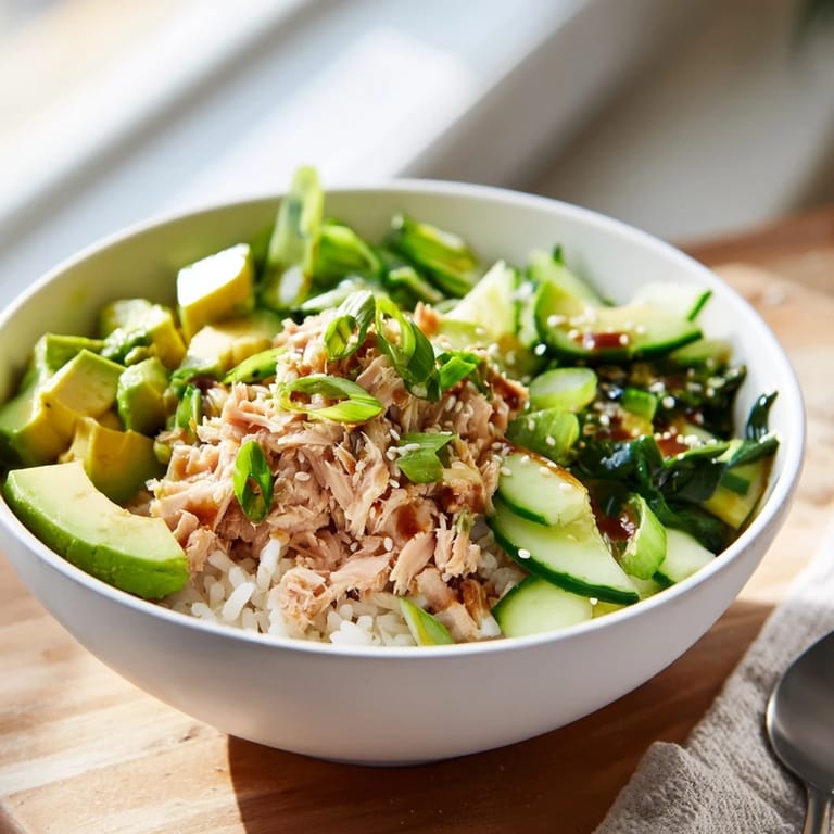A drizzle of sesame-soy dressing coats the Tuna Avocado Rice Bowl, highlighting the fresh textures and aromatic jasmine rice.