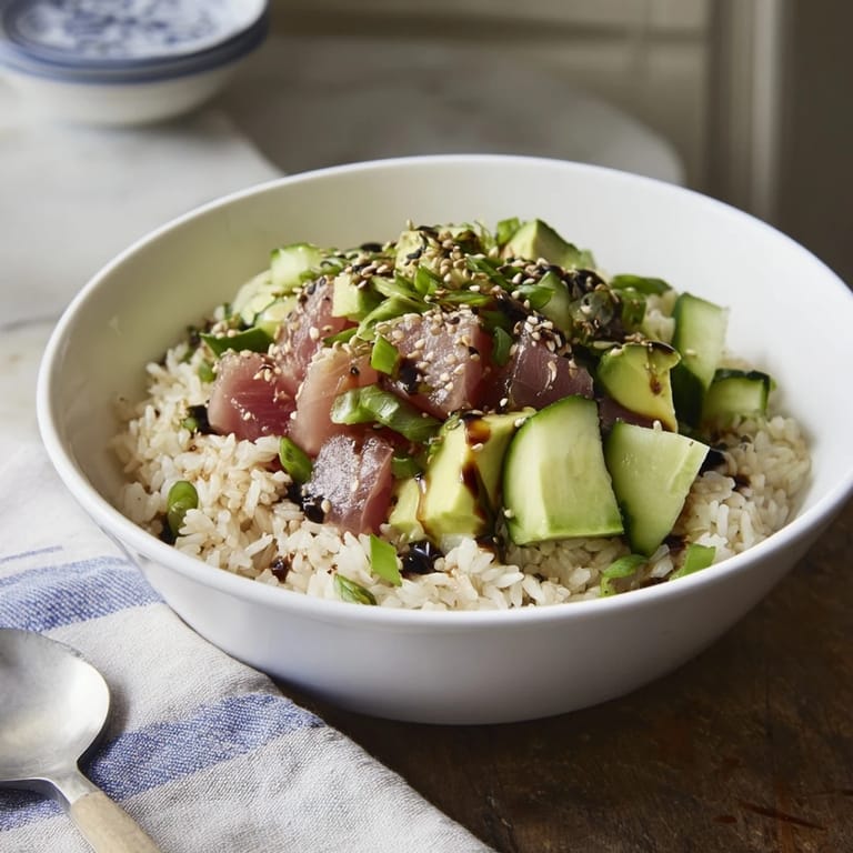 Colorful ingredients like tender tuna, scallions, and toasted sesame seeds create a vibrant, nourishing bowl perfect for a quick dinner.  