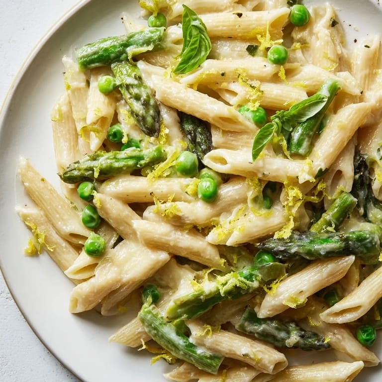 Steaming bowl of Garlic Parmesan Spring Vegetable Pasta, showcasing al dente penne and crisp spring vegetables coated in a rich, cheesy garlic cream sauce.