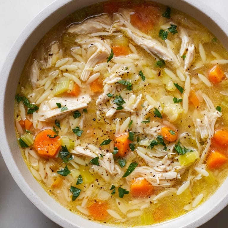 Close-up of Lemon Pepper Chicken Orzo Soup garnished with fresh parsley and black pepper, steaming on a wooden table.