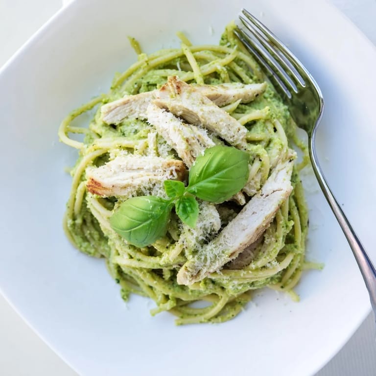 A close-up of creamy avocado chicken pasta tossed in a luscious green sauce, garnished with lemon zest and basil.