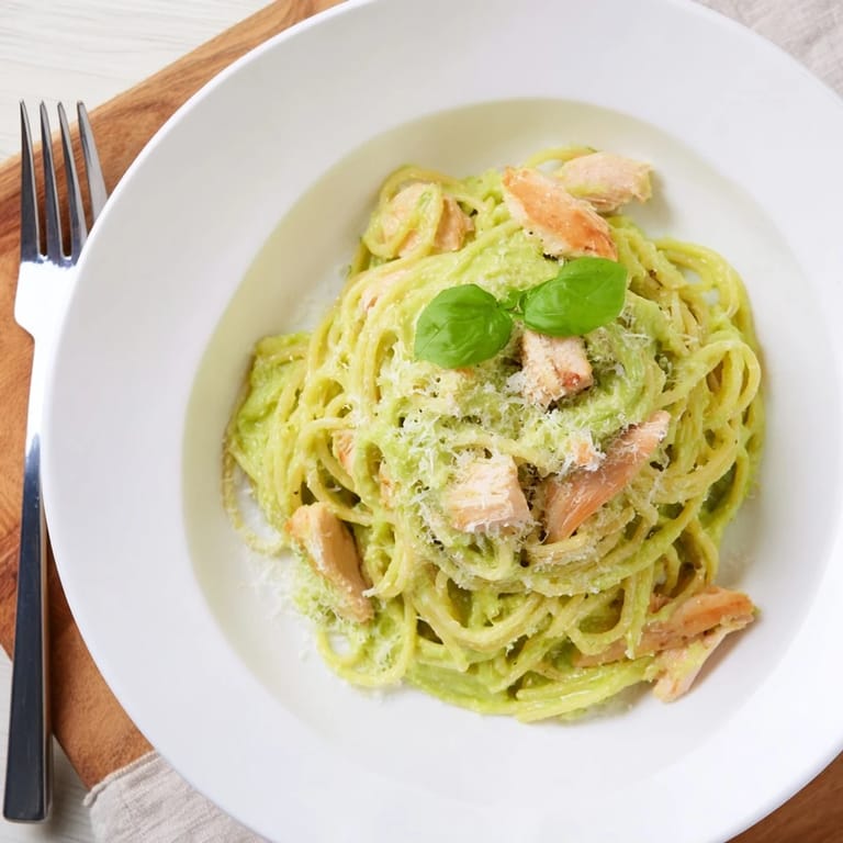 Served warm, this creamy avocado chicken pasta features tender grilled chicken and al dente spaghetti coated in velvety sauce.