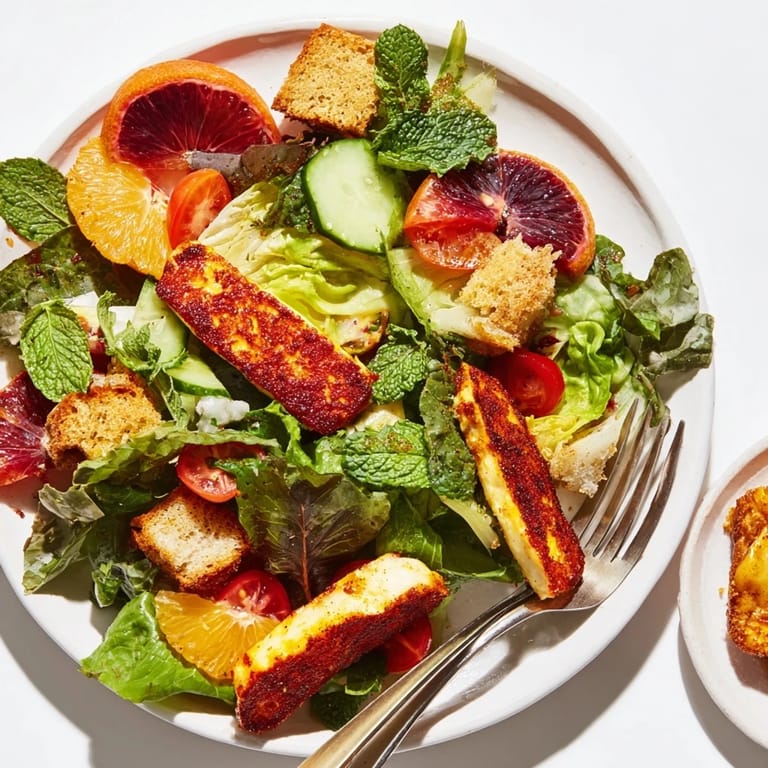 A close-up of warm halloumi, ruby citrus rounds, and crunchy sourdough croutons tossed with mint, parsley, and a zesty sumac vinaigrette.  