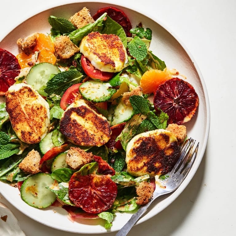 Halloumi Blood Orange Fattoush salad served in a rustic bowl, featuring golden-fried cheese, vibrant greens, and a drizzle of tangy pomegranate molasses dressing.