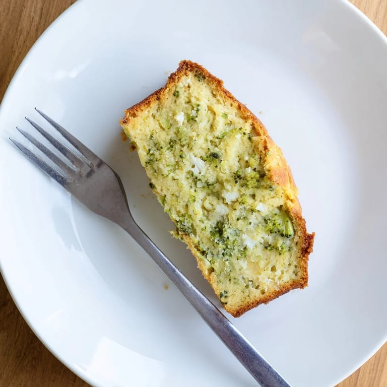 Slice of warm broccoli and feta loaf on a wooden board, ready to serve with a steaming bowl of soup.