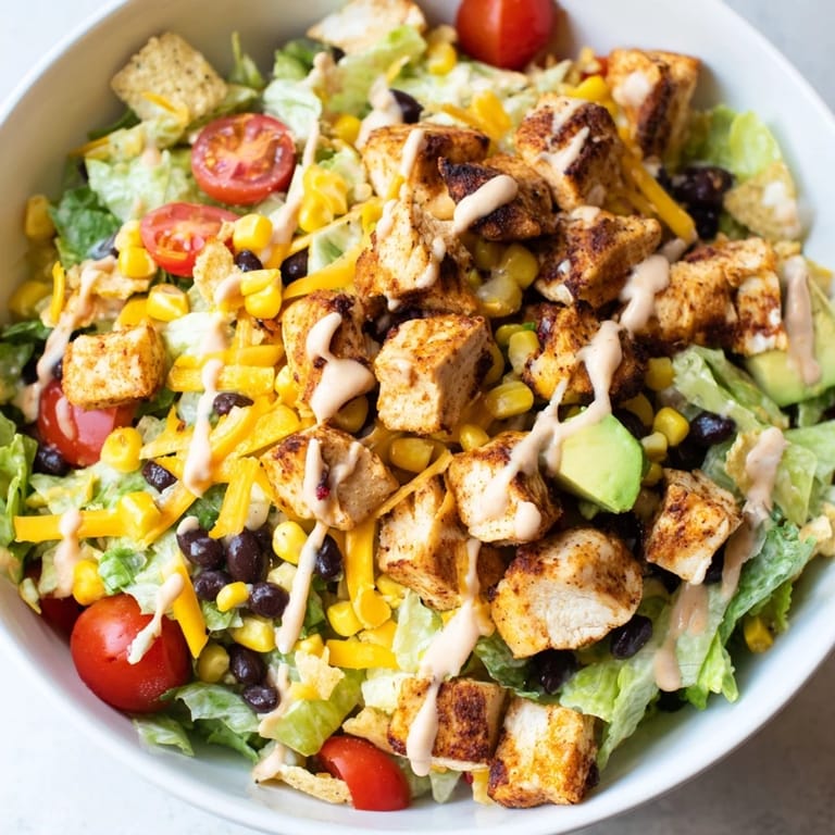 Sizzling taco-seasoned chicken rests atop crunchy lettuce in this hearty Chicken Taco Chopped Salad.